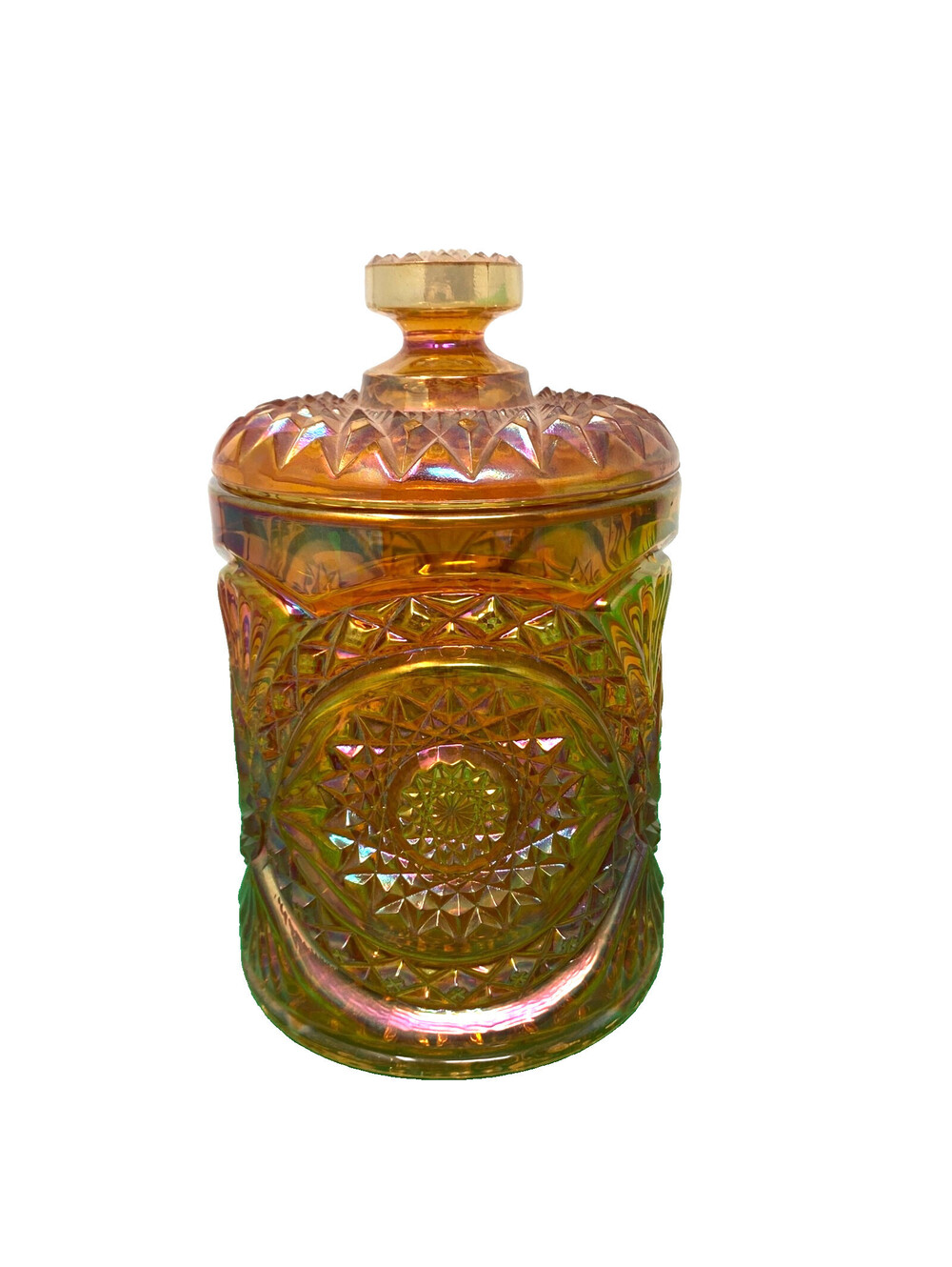 Vintage 8" Imperial Marigold Hobstar Sunburst Carnival Glass Cracker Biscuit Jar